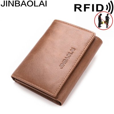 jinbaolai復古頭層牛皮外貿三折錢包搭扣多功能卡包錢夾RFID防盜