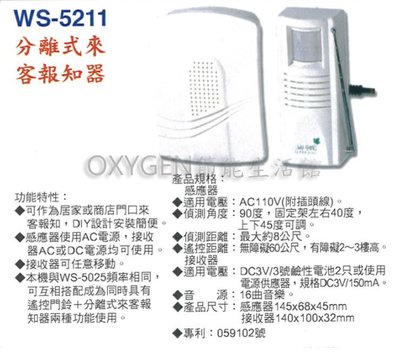 【伍星】WS-5211 分離式 來客報知器 單電壓 110V 迎賓鈴 附插頭線 16曲音樂