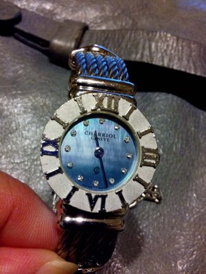 ~櫻花雨~限時降價 真品夏利豪 CHARRIOL 羅馬數字 浮刻 稀有藍色珍珠母貝面 鑲鑽鋼索 925純銀 手環式錶帶
