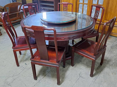 二手．中式懷舊．花梨木．4.6尺．餐桌椅組，一桌六椅
