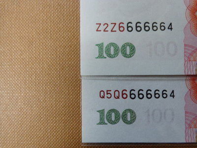 人民幣~全新2005年壹佰圓~同字軌同號碼小趣味 Q5Q6666664 / Z2Z6666664如圖一標兩張