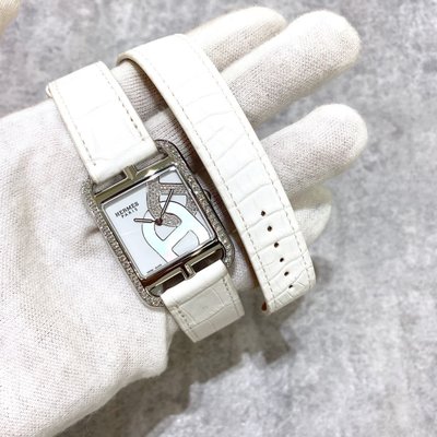 Hermes 雙圈錶帶手錶 鱷魚錶帶鑽錶 白色《精品女王全新&二手》