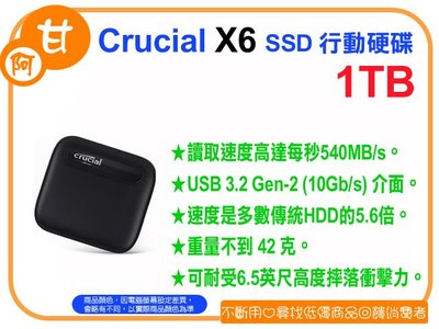 阿甘柑仔店(預購)~全新 美光 Micron Crucial X6 1TB 外接式 SSD 行動硬碟 ~台中逢甲