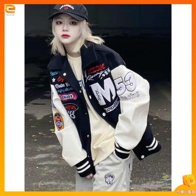 棒球外套女 韓國棒球外套 美式高街植絨刺繡拼皮棒球服外套男女秋冬季寬鬆潮牌嘻哈拼接夾克