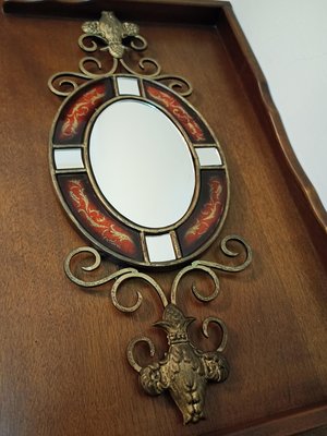巴洛克紅底鍛鐵裝飾橢圓壁鏡，古典掛飾
