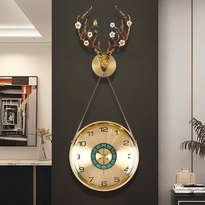 現貨新款新中式黃銅靜音掛鐘客廳福鹿裝飾鐘表輕奢家用高端大氣石英鐘簡約