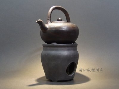 ☆清沁苑☆日本煎茶道具~古い手作黑泥提把湯沸+手作黑泥涼炉~d132