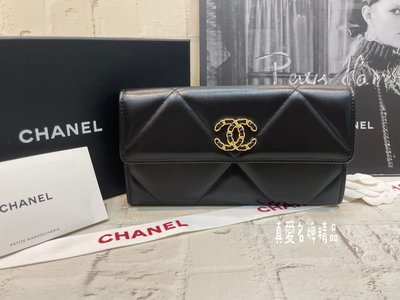 《真愛名牌精品》Chanel AP0955 19系列 黑色羊皮 扣子發財長夾 *全新*代購