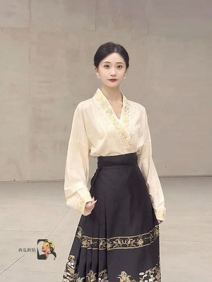 日常可穿新中式國風馬面裙套裝改良宋制漢服女裝成人2023新款秋-西瓜鈣奶