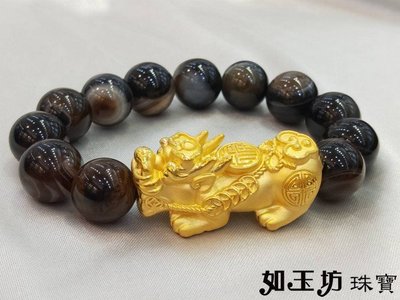 如玉坊珠寶  進口硬金貔貅條紋黑瑪瑙手鍊  黃金手鍊  純金手鍊  EG&amp;