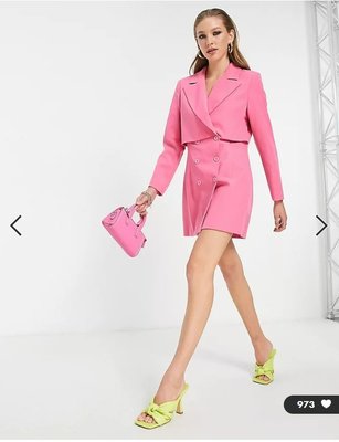 (嫻嫻屋) 英國ASOS-Extro & Vert優雅時尚名媛粉紅色西裝領長袖雙排釦洋裝PD22