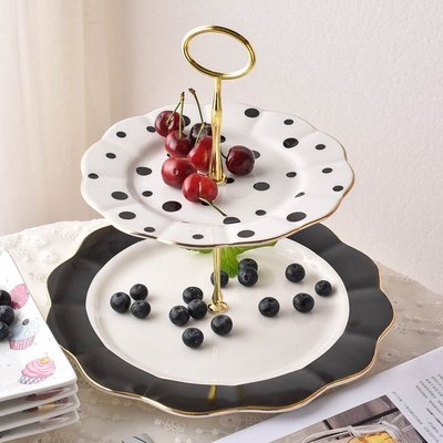 黑白波點陶瓷雙層水果盤蛋糕盤架歐式下午茶點心架客廳創意甜品臺-雙喜生活館