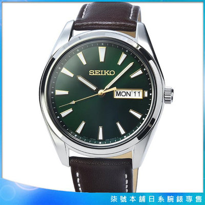 【柒號本舖】SEIKO精工藍寶石時尚皮帶男錶-綠面 / SUR449P1