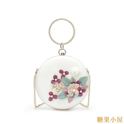 明珠小鋪新款女生晚宴包包 中國風名媛淑女圓形盒子包 精美花朵鏈條肩背包 手提包