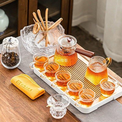 熱銷 玻璃功夫茶具套裝家用茶盤透明茶杯泡茶壺耐熱高溫紅茶-(null)