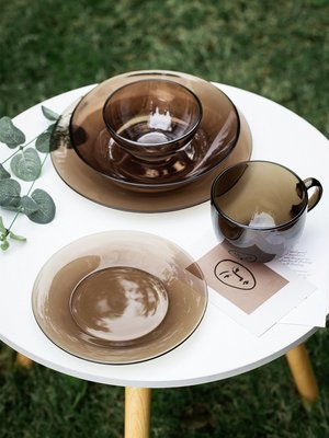酒杯茶色玻璃盤甜品盤子耐熱湯盤咖色米飯碗家用西餐盤歐式餐具微波爐