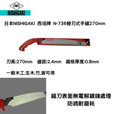 日本NISHIGAKI 西垣工業螃蟹牌 可更換鋸片手鋸N-736 鋸片長度270mm