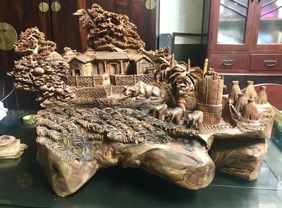 古董老件 早期 老台灣 香樟 農家樂 大型 木雕 三義 名師 巫景豐 作品 栩栩如生