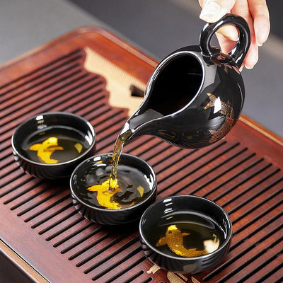 旅行茶具金魚烏金釉懶人茶具套裝家用陶瓷茶杯茶壺整套石磨自動茶具