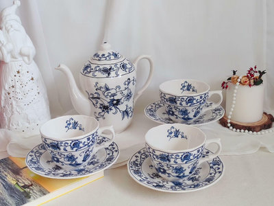 日光nikko經典藍色唐草花咖啡杯碟，收藏級咖啡壺  紅茶壺