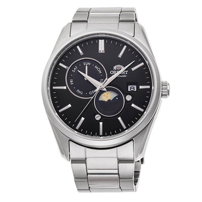 【台南 時代鐘錶 ORIENT】東方錶 RA-AK0307B 日月相錶 藍寶石鏡面 鋼錶帶 機械男錶 黑/銀