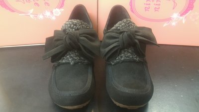[kiki鞋舖]低跟楔型蝴蝶結包/娃娃鞋真皮橡膠底檯台灣製造黑色