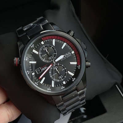 HUGO BOSS Globetrotter 黑色面錶盤 黑色不鏽鋼錶帶 石英 雙眼計時 男士手錶 1513825