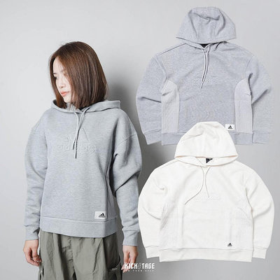 ADIDAS ORIGINALS LOUNGE HOODY 米白 灰色 縫線LOGO 拼接 長袖 帽T【IP0754】