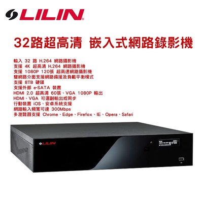 高階監控市場首選 LILIN NVR5832 支援8TB硬碟 32路超高清嵌入式網路錄影機 超高清(4K或8百萬像素)