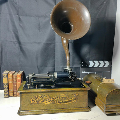 美國古董愛迪生蠟筒留聲機手搖唱機 EDISON天鵝頸喇叭19
