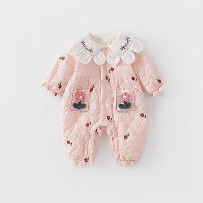 女寶寶夾棉連體衣洋氣嬰兒衣服秋冬季新生兒連身外套加厚長袖冬裝