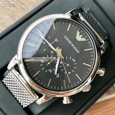 EMPORIO ARMANI 黑色面錶盤 銀色不鏽鋼米蘭編織錶帶 石英 三眼計時 男士手錶 AR1808