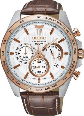 SEIKO WATCH 競速風格的計時皮革錶帶腕錶(SSB306P1)玫瑰金框-白面X咖啡色/44mm【神梭鐘錶】