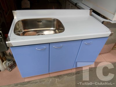 流理台【120公分洗台-左水槽】台面&amp;櫃體不鏽鋼 素面藍色門板 最新款流理臺