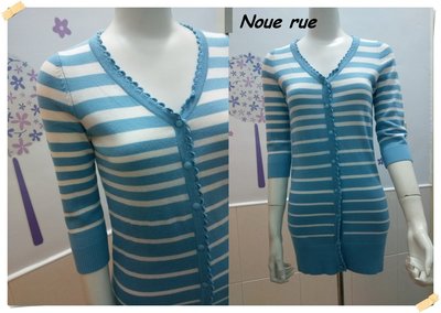 。日系Noue Rue(NR)【全新專櫃商品】淺藍色 清新時尚款白條紋船錨排釦半圓花邊七分袖棉織長版外套。F號