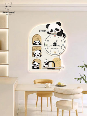 奶油風餐廳裝飾畫卡通熊貓客廳沙發背景墻掛畫帶led燈兒童房壁畫半米潮殼直購