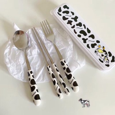 ins風 可愛卡通不鏽鋼 筷子 勺子 叉子 餐具套裝 便攜餐具 帶收納盒