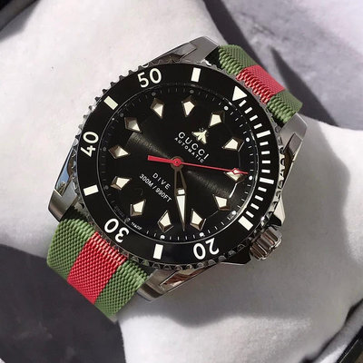 GUCCI Dive 陶瓷圈 黑色錶盤 紅色配綠色橡膠錶帶 男士 自動機械錶 YA136349 潛水錶