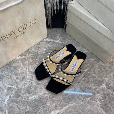 【熱賣精選】JIMMY CHOO 2022春夏新款JC羊皮珍珠鉆女神涼鞋方跟仙女百搭高跟鞋