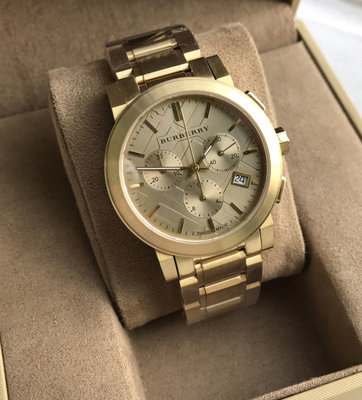 BURBERRY 金色面錶盤 金色不鏽鋼錶帶 石英 三眼計時 男士手錶 BU9753