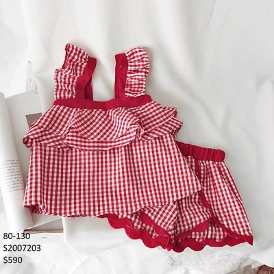【Girl】 JC BABY 甜美格紋花邊上衣+短褲套裝(紅色) #S2007203