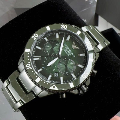 EMPORIO ARMANI 綠色錶盤 綠色陶瓷錶帶 石英 三眼計時 男士手錶 AR70011
