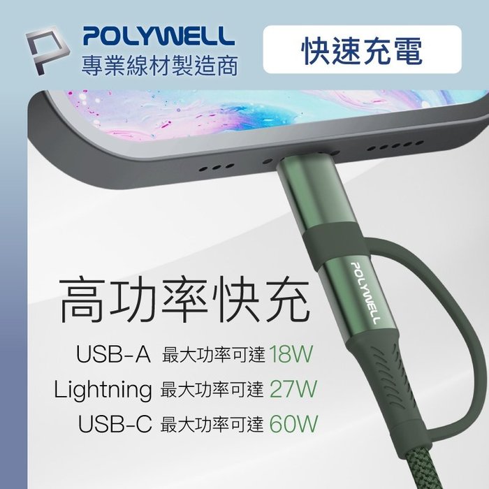 【珍愛頌】寶利威爾 四合一PD編織快充線 USB-A+C+Lightning 200公分 適用安卓蘋果 POLYWELL