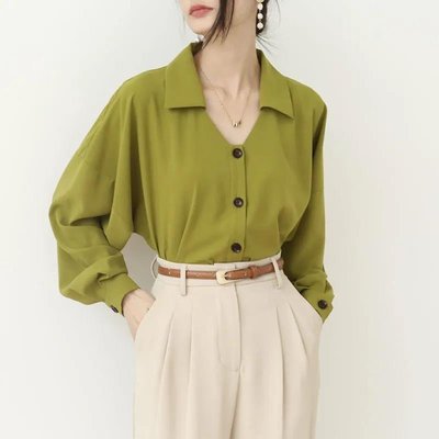 【速發】酪梨綠長袖襯衫 緞面法式上衣襯衫 設計感氣質襯衫