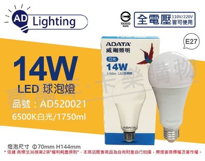 [喜萬年]含稅 ADATA威剛照明 LED 14W 白光 E27 全電壓 球泡燈_AD520021
