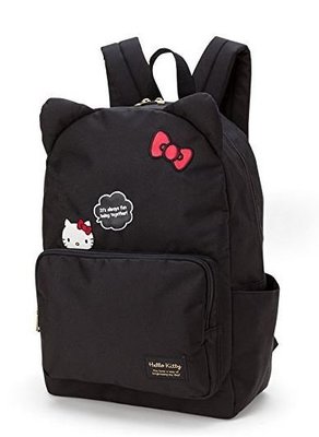 鼎飛臻坊 凱蒂貓 HELLO KITTY 時尚經典黑 貓耳造型 刺繡 後背包 背包 日本正版