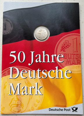 德國1999年德國馬克50周年郵幣折。1馬克銅鎳幣+紀念郵票