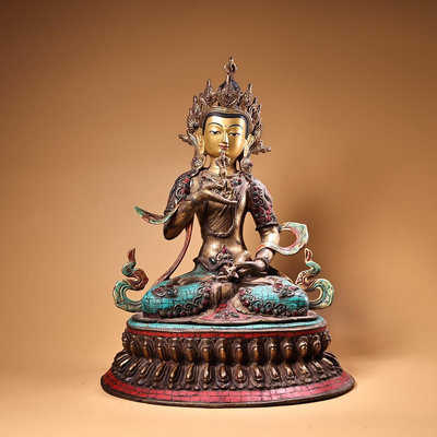 尼泊爾  西藏工藝純銅高浮雕鏨刻鑲嵌寶石彩繪描金金剛薩埵佛像一工藝精湛   造像精美重7700克  高48厘米 寬34厘4846老貨 擺件  老物件
