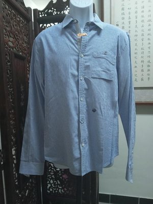 (二手美品)DIESEL淺藍色直條紋窄版休閒長袖襯衫(L)(B777)