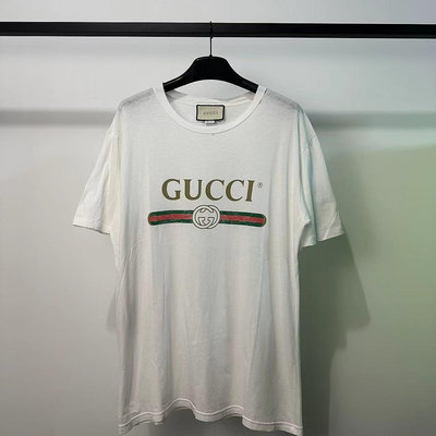Gucci/古馳白色腰帶字母logo背后帶花刺繡破壞短袖